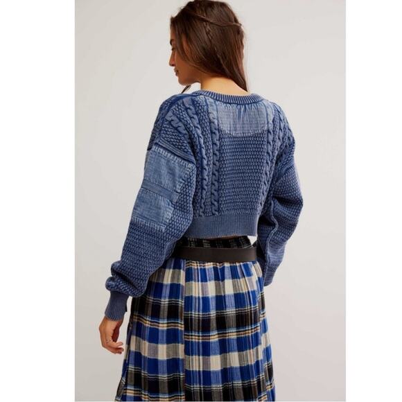 Free People Patchwork Chunky Cable Knit Heritage Cardi Cardigan Sweater Size XL - Picture 2 of 14